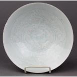 Chinese qingbai glazed porcelain bowl, the shallow interior incised with two children amid leafy