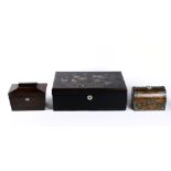 (lot of 3) Tea Caddy group and lapdesk, late 19th/early 20th, consisting of a Victorian burl wood