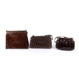 (lot of 3) Vintage lizard skin purses, each tanned to a chocolate brown with brass hardware,