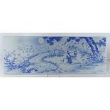 Japanese underglaze blue porcelain plaque, of a beauty washing clothing by the river, 30.5"w