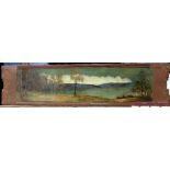 Carousel painted panel circa 1920 signed Allan Herschell , depicting a scenic reserve of a lake,