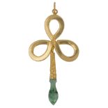 Jadeite and 22k yellow gold pendant Designed as a knot, suspending a drop, measuring approximately