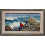 Two Boys by the Ocean, oil on canvas, signed "Marian Gilman" lower left, 20th century, overall (with