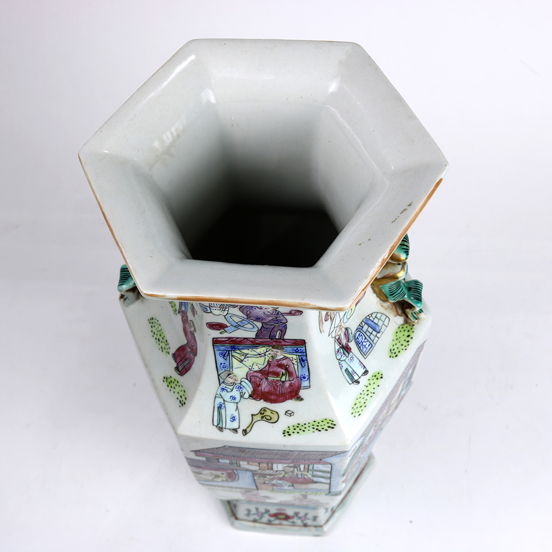 Chinese enameled porcelain vase, of hexagonal shape decorated with village scenes of figures in - Image 6 of 6