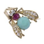 Van Cleef & Arpels turquoise, ruby, diamond and yellow gold fly brooch Designed as a fly,