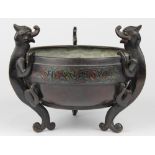 Japanese champleve bronze censer, with three stylized dragons forming the handles and supports of