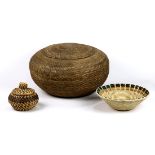 (lot of 3) Modern woven basketry group, including an Indonesian example, a lidded pine needle