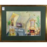 Hopkins Colmant (American, 20th century), Cottage Living Room, 1990, watercolor, signed and dated