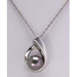 Cultured pearl, diamond and 14k white gold pendant-necklace Featuring (1) grey cultured pearl,