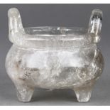 Chinese rock crystal tripod censer, with inverted U-shaped handles on the rim, above the