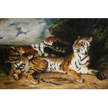 Two Tigers Resting, oil on canvas, unsigned, 20th century, canvas (unframed): 20"h x 30"w