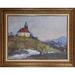 Chapel on the Hill, oil on board, signed "Holba" lower left, 20th century, overall (with frame):