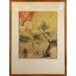 Landscape with Figures, 1943, watercolor, signed "Sara Ravendale" and dated lower right, overall (