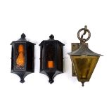 (lot of 3) Arts and Crafts lighting group, consisting of a brass hanging wall mount fixture, with