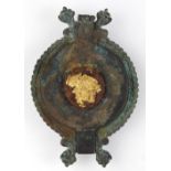 Kakure Kirishitan 'Hidden Christian' bronze oil lamp (natane akari), the hinged lid with a