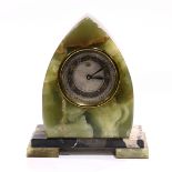French Art Deco marble mantle clock, the triangular form case having a dial with gilt Arabic