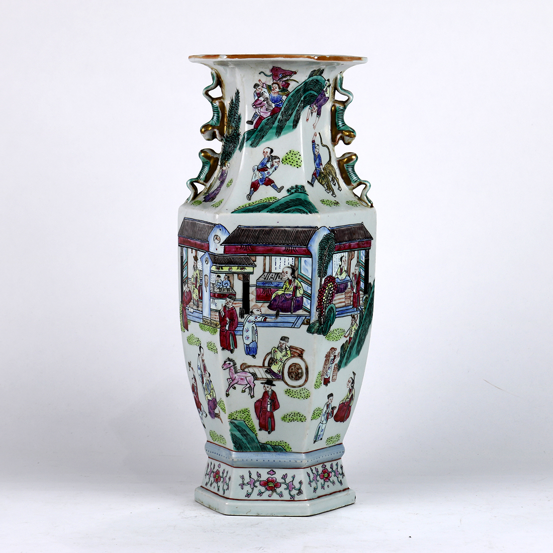 Chinese enameled porcelain vase, of hexagonal shape decorated with village scenes of figures in - Image 3 of 6