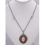 Coral, diamond, 18k yellow gold and blackened silver pendant-enhancer-necklace Centering (1) oval