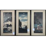 (lot of 3) Japanese woodblock prints: the first, of Mount Fuji; the second, of a geisha on a boat