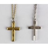 (Lot of 2) Yellow gold and sterling silver cross pendants and chain Including 1) gold-filled cross