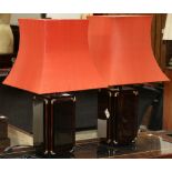 Pair of custom table lamps, executed in the Asian taste, each having a red silk shade, 27"h