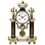 Louis XVI ormolu mounted portico clock, second half 18th century, having an urn form finial