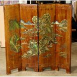 Chinese small four panel screen, carved with a landscape scene, reversed by scholars in a garden,