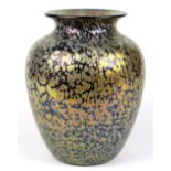 Art glass vase, having a tapered form with an iridescent gold ground accented with dark blue, 10.5"