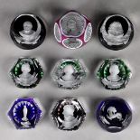 (lot of 9) Art Glass crystal paperweights, including examples by Baccarat, largest: 3"dia.