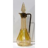 Moser glass cruet with stopper, the yellow cut to clear vessel having enamel accents, brass mounts