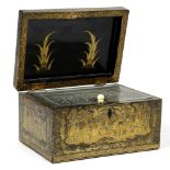 Chinese lacquered export tea caddy, the box of rectangular form, exterior with reserves of gilt