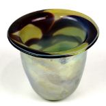 Peter Vanderlaan art glass vase, having a flaring rim with an iridescent yellow ground and pulled