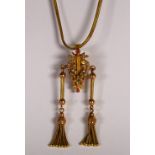 Victorian imitation pearl, glass, 14k yellow and rose gold necklace Designed as a lyre, accented