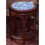 Chinese wood stool, inset with cloisonne enameled plaque with birds and flowers, raised on