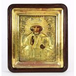 Russian icon, having a brass oklad, and depicting St. Nicholas, overall: 10"h x 8.5"w