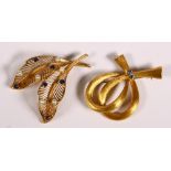 (Lot of 2) Sapphire, diamond, cultured pearl and 14k yellow gold brooches Including 1) leaf