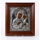 Russian icon, 19th century, having a silver oklad, and depicting Mother God Smolensk, hallmarked .84