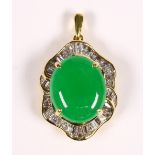 Jade, diamond and 18k yellow gold pendant Centering (1) oval jadeite cabochon, measuring