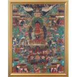 Himalayan painted thangka, Amitabha, sitting in lotus position, hands in meditation mudra while