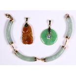 (Lot of 3) Jadeite, yellow gold jewelry Including 1) carved jadeite, 14k yellow gold pendant; 1)