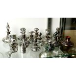 (lot of 17) Glass and silver overlay bottle group, in various sizes, each with a lid or stopper,