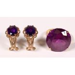 (Lot of 2) Amethyst, synthetic alexandrite-like corundum, yellow gold jewelry Including 1) round-cut