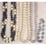 (Lot of 5) Cultured pearl, diamond, coral, gold and metal jewelry Including 1) 8.0 mm, baroque, grey