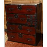 Japanese two-sectioned tansu cabinet, the upper part with a long drawer above a drawer to the left