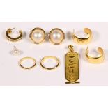 (Lot of 7) Diamond, cultured pearl and yellow gold jewelry Including 2) 14k yellow gold bands, sizes