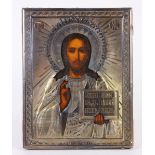 Russian icon, having a silver oklad, and depicting Christ Pantocrator, with .84 hallmark, 9"h x 6.