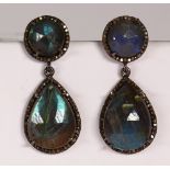 Pair of Labradorite, diamond, black and silver earrings Featuring (2) pear and (2) round faceted
