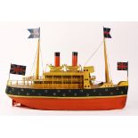 Tin tugboat model ship, having double smoke stacks, and flying British flags, 18"h