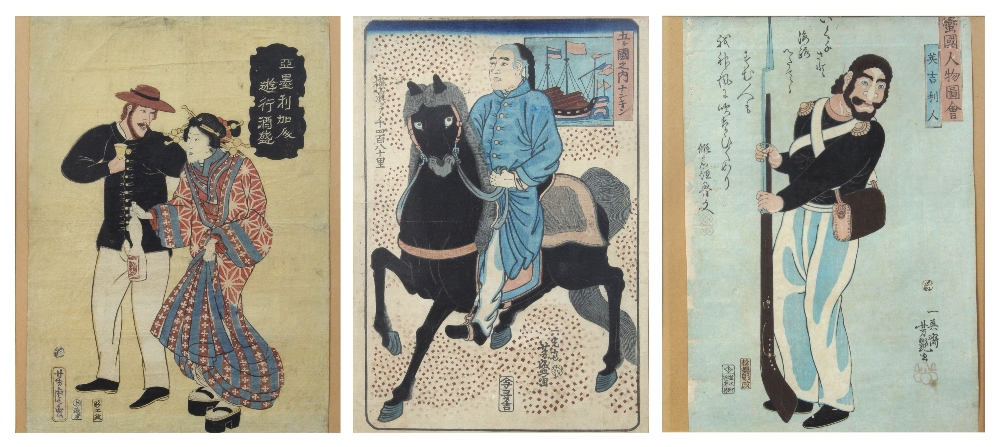 (lot of 3) Japanese woodblock prints, Foreigners: the first, Ichieisai Yoshitsuya (1822-1866),
