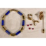 (Lot of 5) Multi-stone, gold jewelry and items Including 1) lapis lazuli, 14k yellow gold, 7 inch